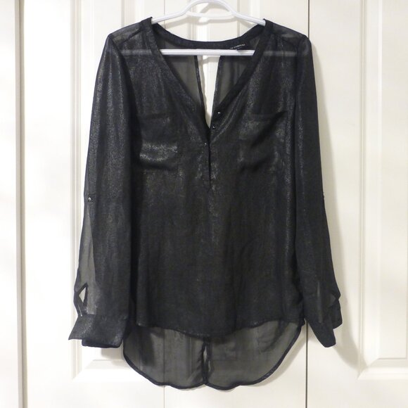 LE CHATEAU semi-sheer black silver metallic sheen long sleeve blouse - Picture 1 of 7